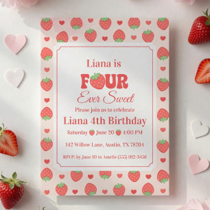 Four Ever Sweet Pink Strawberry Girl 4th Birthday Invitation