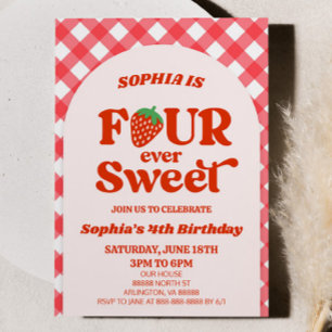 Four Ever Sweet Strawberry 4th Birthday Party Invitation