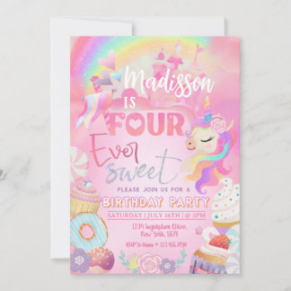 Four ever Sweet Unicorn Donut Sweet 4th  Invitation
