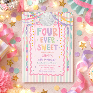 Four Ever Sweet Whimsical Girl 4th Birthday Party Invitation