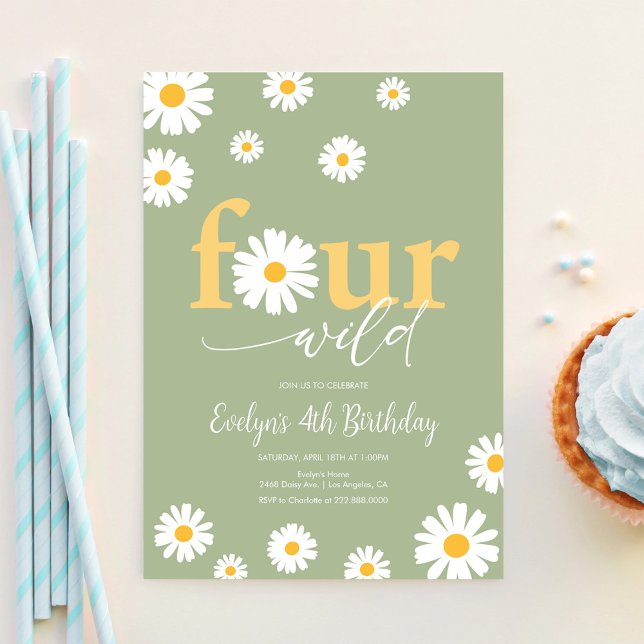 FOUR Ever Wild Boho Sage Green Daisy 4th Birthday Invitation (Creator Uploaded)