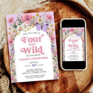 Four Ever Wild Butterfly Wildflower 4th Birthday Invitation