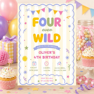 Four Ever Wild Colourful Boy 4th Birthday Party Invitation