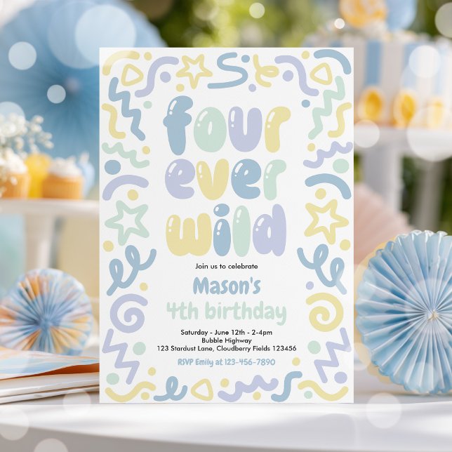 Four Ever Wild Confetti Balloon 4th Birthday  Invitation (Creator Uploaded)