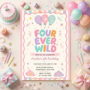Four Ever Wild Confetti Balloon 4th Birthday Invitation