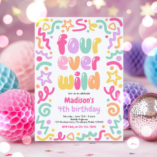 Four Ever Wild Confetti Balloon 4th Birthday  Invitation