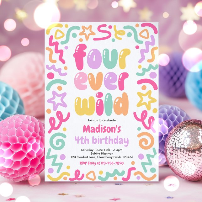 Four Ever Wild Confetti Balloon 4th Birthday  Invitation (Creator Uploaded)