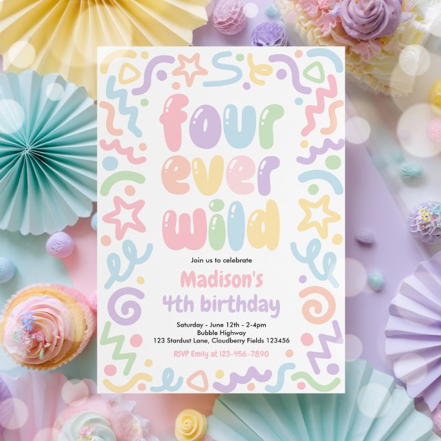 Four Ever Wild Confetti Balloon 4th Birthday  Invitation (Creator Uploaded)