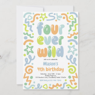 Four Ever Wild Confetti Balloon 4th Birthday  Invitation