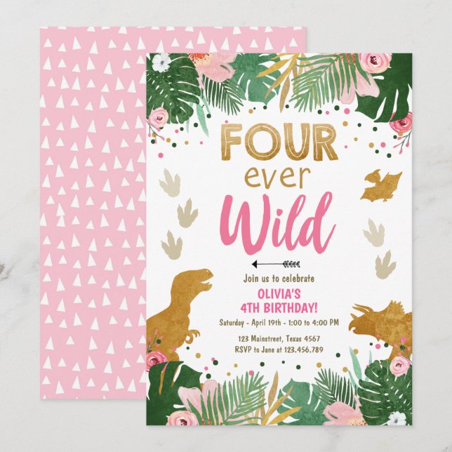Four ever Wild Dino Girl Pink Dinosaur Birthday Invitation (Front/Back)