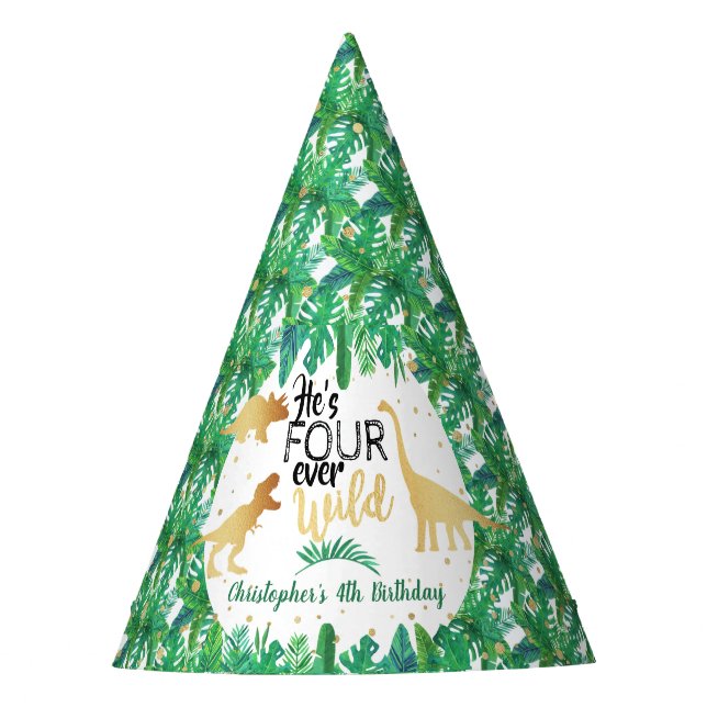 Four Ever Wild Dinosaur Boys 4th Birthday Party Hat (Front)
