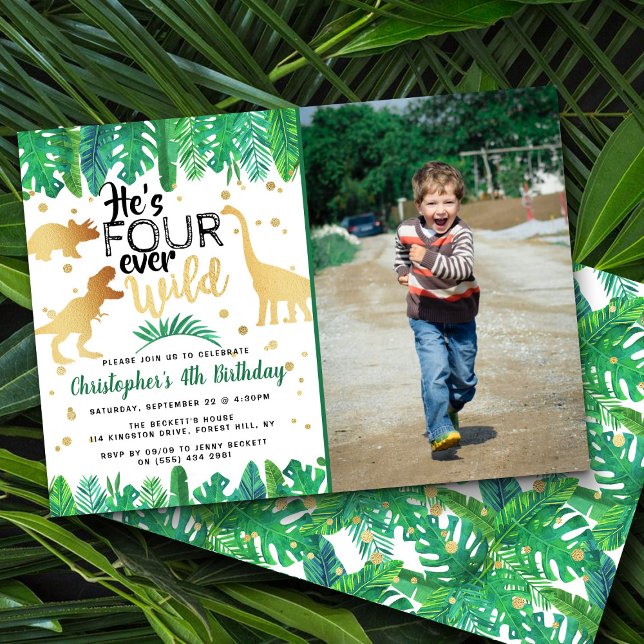 Four Ever Wild Dinosaur Boys 4th Birthday Photo Invitation (Creator Uploaded)