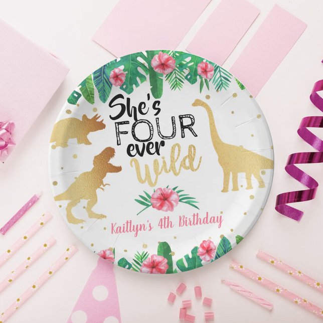 Four Ever Wild Dinosaur Girls 4th Birthday Paper Plate (Creator Uploaded)