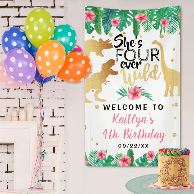 Four Ever Wild Dinosaur Girls 4th Birthday Welcome Banner (Creator Uploaded)