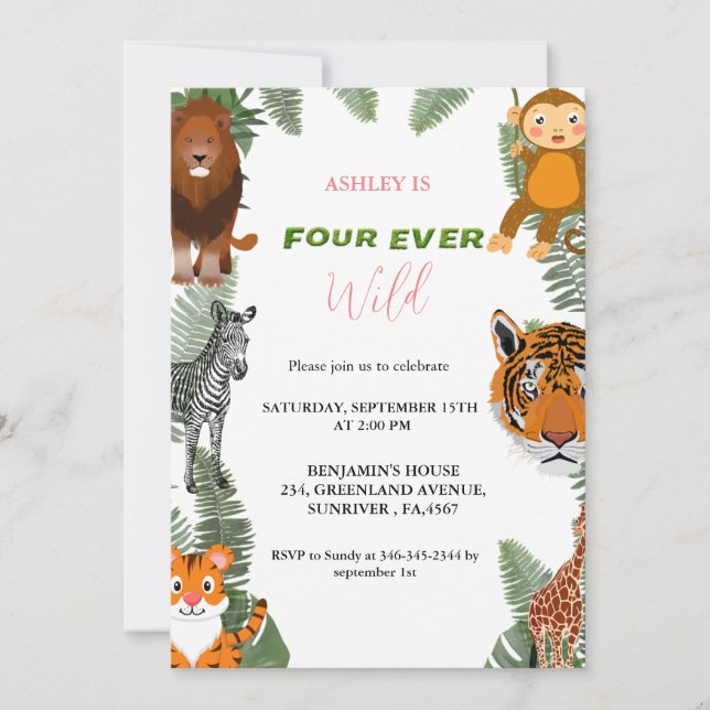Four ever wild  girl safari 4th birthday party invitation (Front)