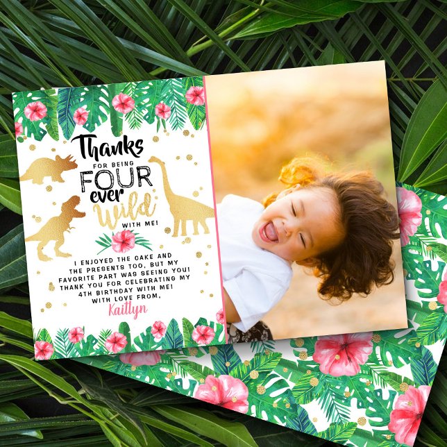 Four Ever Wild Girls Dinosaur 4th Birthday Photo Thank You Card (Creator Uploaded)