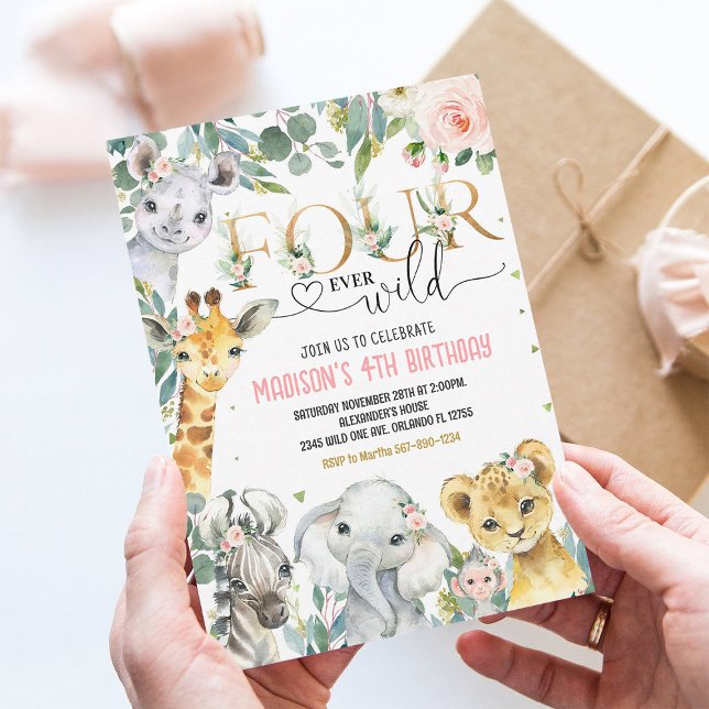 Four ever wild Gold Jungle Safari Animals Birthday Invitation (Creator Uploaded)