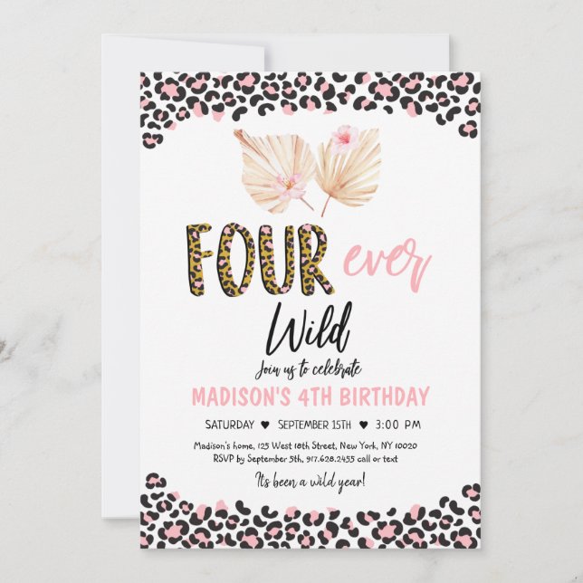 Four ever Wild Leopard Print Pink Gold Birthday Invitation (Front)