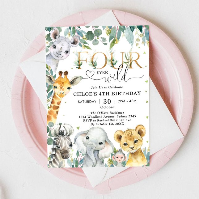 Four Ever Wild Party Animals Boy 4th Birthday Invitation (Creator Uploaded)