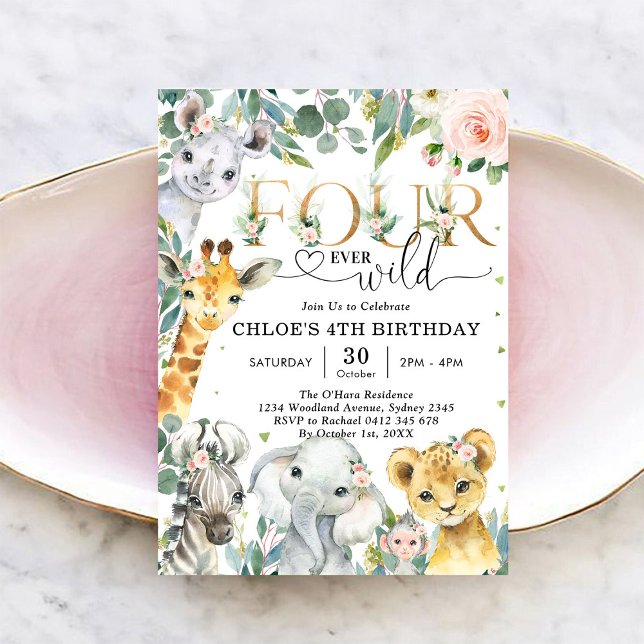 Four Ever Wild Party Animals Girl 4th Birthday Invitation (Creator Uploaded)