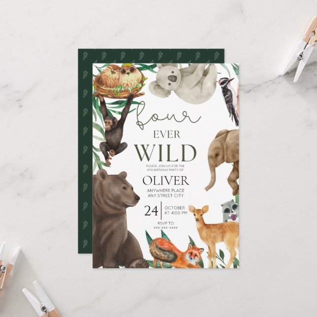 Four ever wild safari 4th birthday  invitation (Front/Back In Situ)