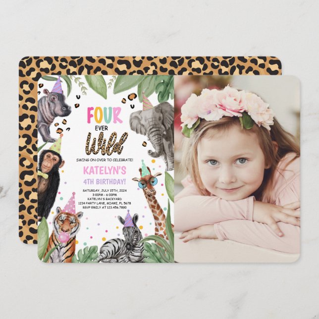 FOUR Ever Wild Safari 4th Birthday Photo Invitation (Front/Back)