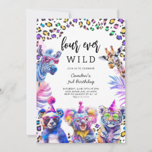 Four Ever Wild Safari Animals 4th Birthday  Invitation