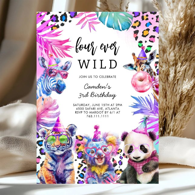 Four Ever Wild Safari Animals 4th Birthday  Invitation (Creator Uploaded)