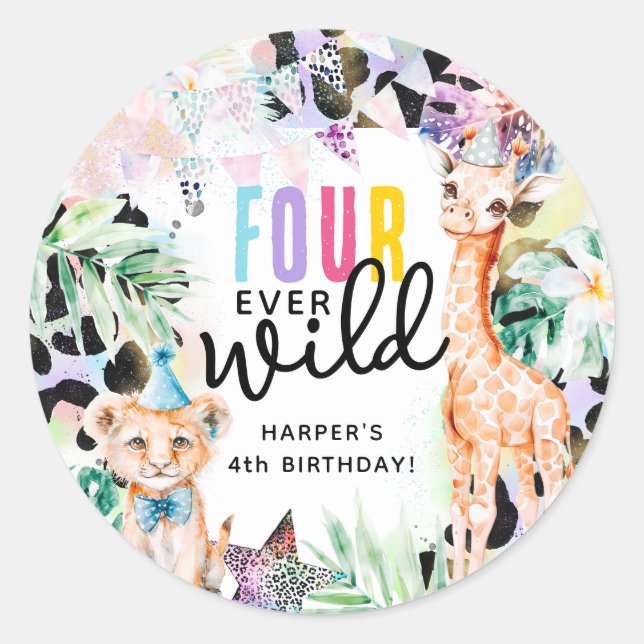 FOUR ever Wild Safari Animals Cool 4th Birthday Classic Round Sticker (Front)