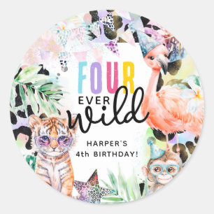 FOUR ever Wild Safari Animals Cool 4th Birthday Classic Round Sticker