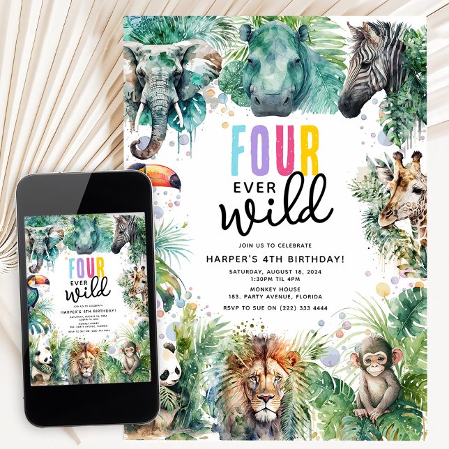 Four Ever Wild Safari Animals Cool 4th Birthday Invitation (Creator Uploaded)
