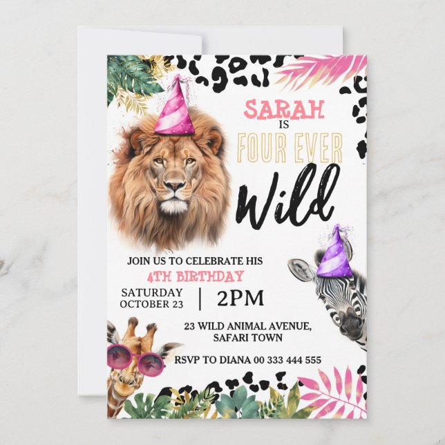 Four-Ever Wild Safari Animals Girl 4th Birthday Invitation (Front)