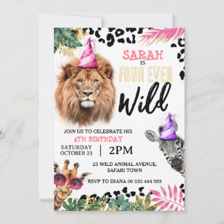 Four-Ever Wild Safari Animals Girl 4th Birthday Invitation