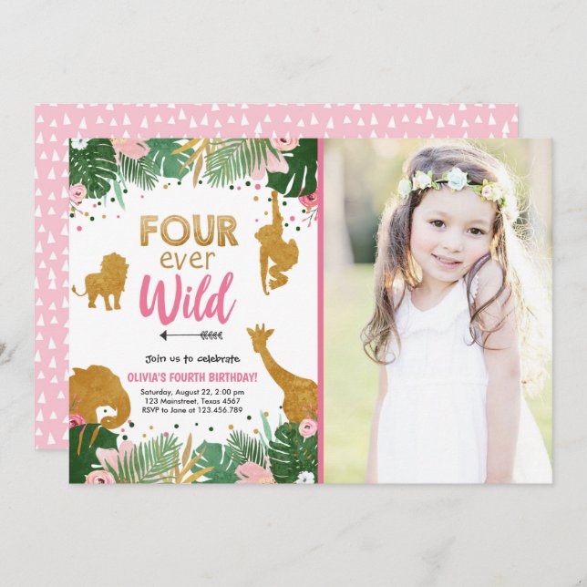 Four Ever Wild Safari Animals Girl Birthday Invitation (Front/Back)