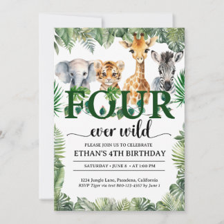 Four Ever Wild Safari Jungle Animals Kids Birthday Invitation