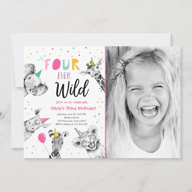 Four Ever Wild Safari Party Animals Girl Birthday Invitation (Front)