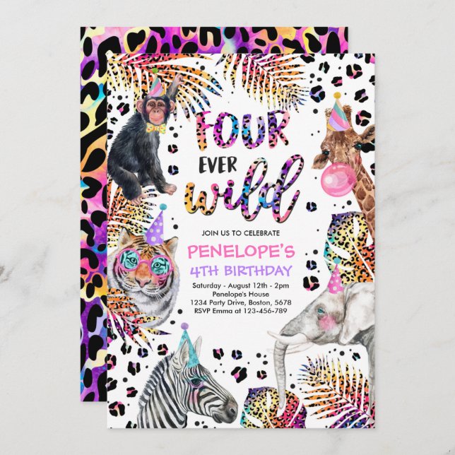 Four Ever Wild Safari Rainbow Cheetah 4th Birthday Invitation (Front/Back)