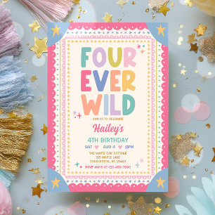 Four Ever Wild Whimsical Girl 4th Birthday Party Invitation