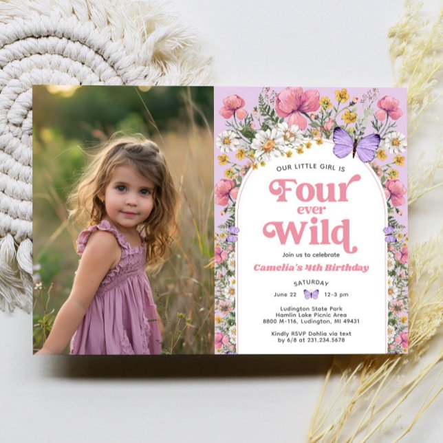 Four Ever Wild Wildflower 4th Birthday Photo Invitation (Four Ever Wild Butterfly Wildflower 4th Birthday Photo Invitation)