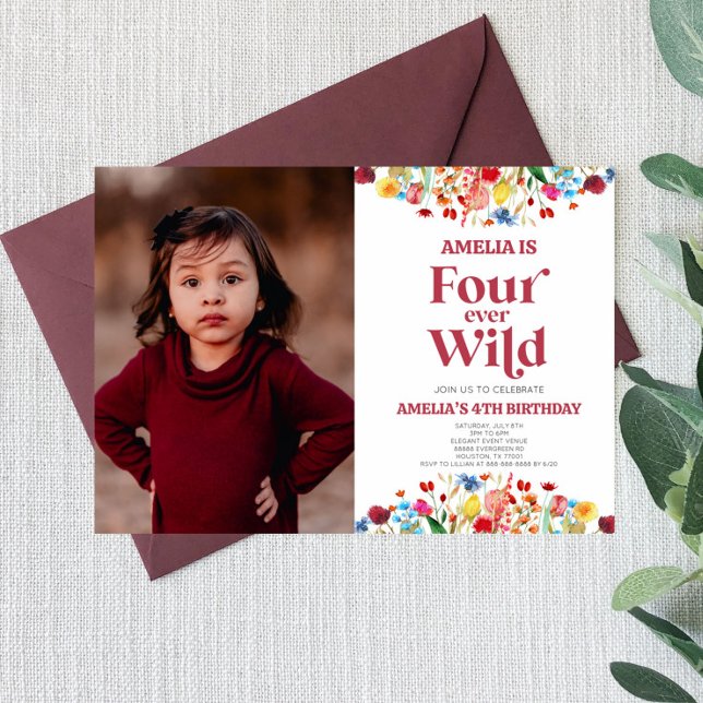 Four Ever Wild Wildflower Photo 4th Birthday Party Invitation (Creator Uploaded)