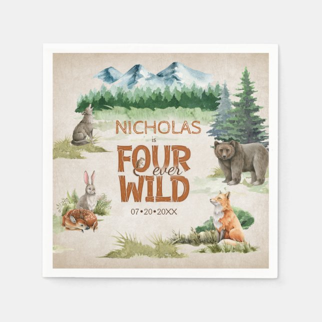 Four Ever Wild Woodland Animal 4th Birthday Party Napkin (Front)