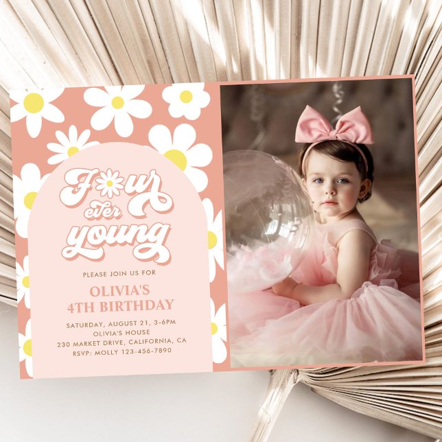 Four Ever Young Boho Daisy 4th Birthday Photo Invitation (Creator Uploaded)