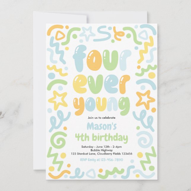Four Ever Young Confetti Balloon 4th Birthday  Invitation (Front)