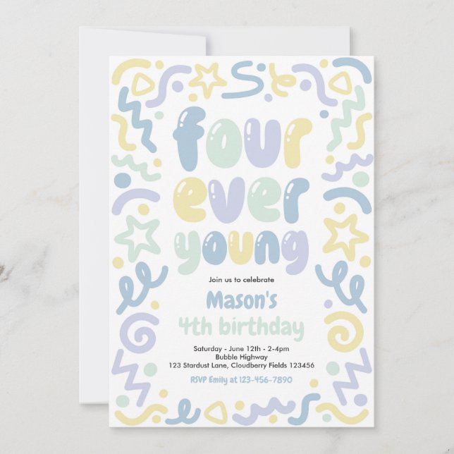 Four Ever Young Confetti Balloon 4th Birthday  Invitation (Front)