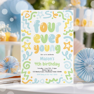Four Ever Young Confetti Balloon 4th Birthday  Invitation