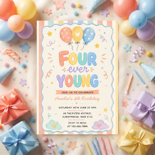 Four Ever Young Confetti Balloon 4th Birthday Invitation