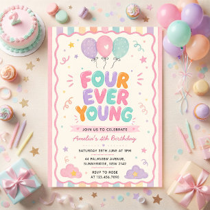 Four Ever Young Confetti Balloon 4th Birthday Invitation
