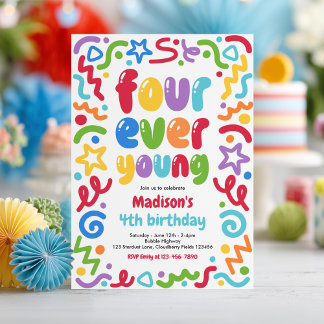 Four Ever Young Confetti Balloon 4th Birthday Invitation