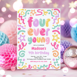Four Ever Young Confetti Balloon 4th Birthday Invitation