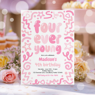 Four Ever Young Confetti Balloon 4th Birthday Invitation